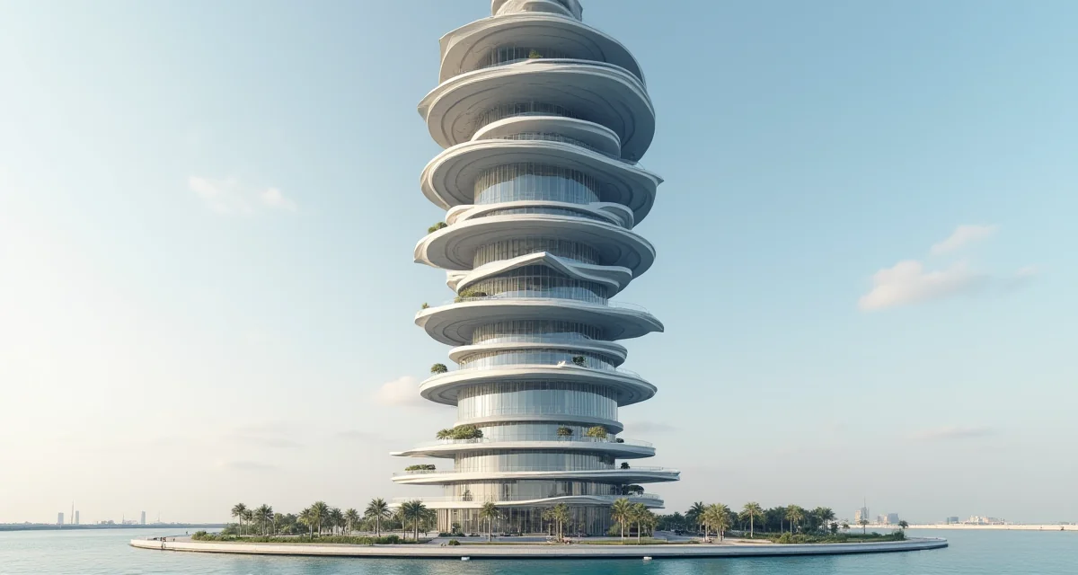 Rendering di un grattacielo rotante con piani sfalsati a Dubai, architettura futuristica verticale e dettagliata