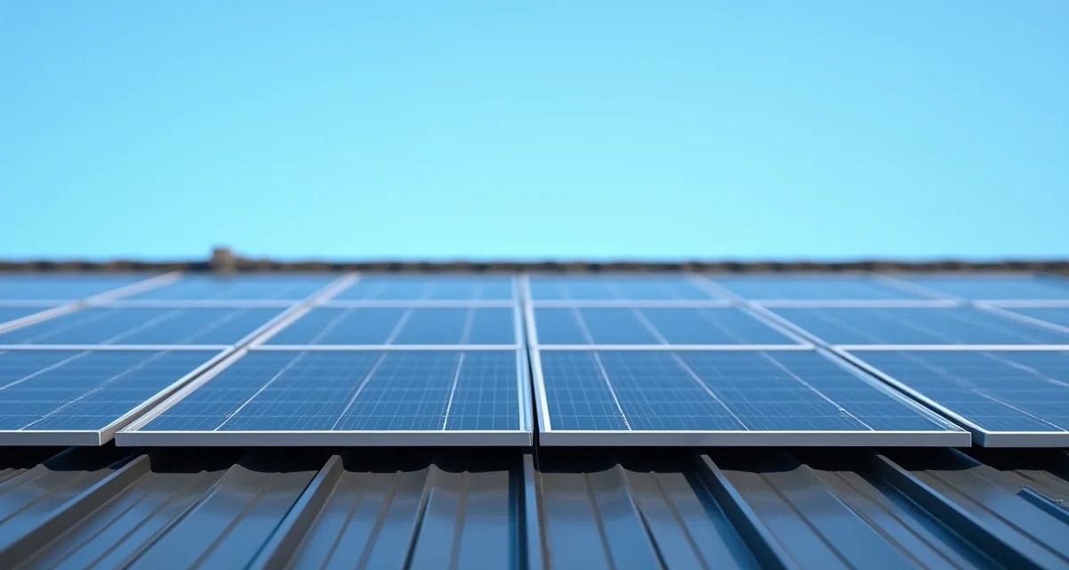 File di pannelli fotovoltaici installati su un tetto sotto un cielo azzurro limpido