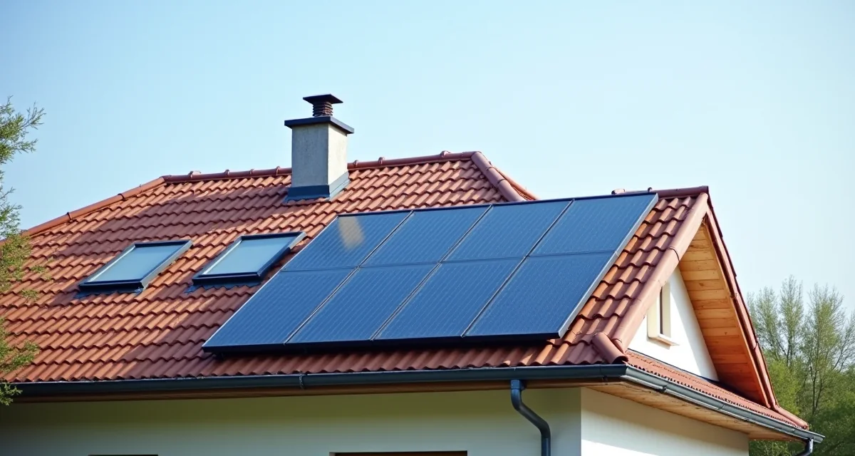 Tetto residenziale con collettori solari termici affiancati ai pannelli fotovoltaici in luce diurna