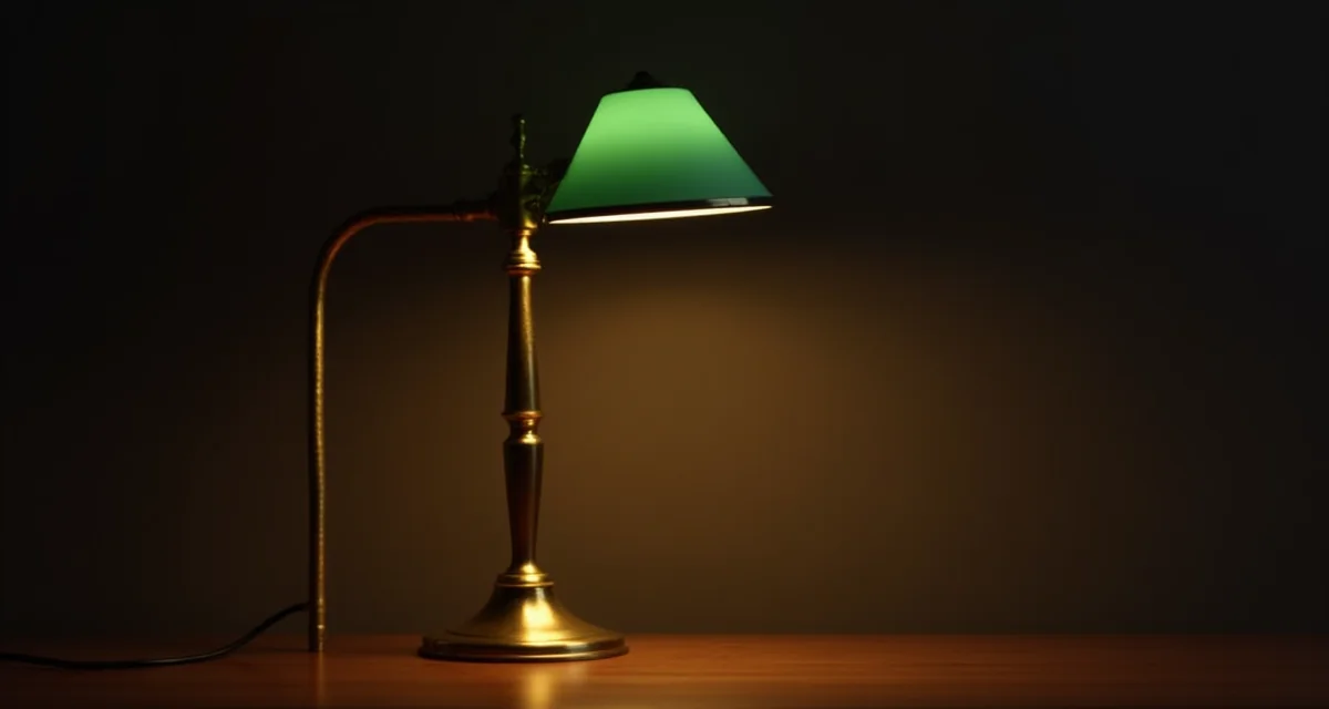 Lampada da scrivania in ottone con paralume verde che emette luce calda su una scrivania d'ufficio