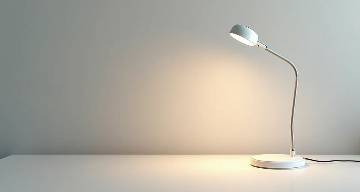 Lampada da scrivania bianca moderna su tavolo minimalista con luce naturale soffusa