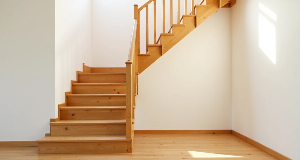 Scala in legno con due rampe e pianerottolo, rivestita con gradini di rovere massello in un ambiente luminoso