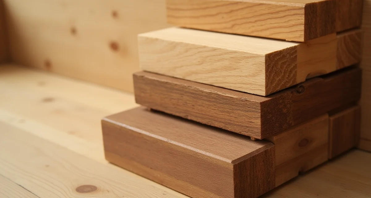 Campione di legno per scale in quercia, faggio, frassino e noce impilati verticalmente con illuminazione calda