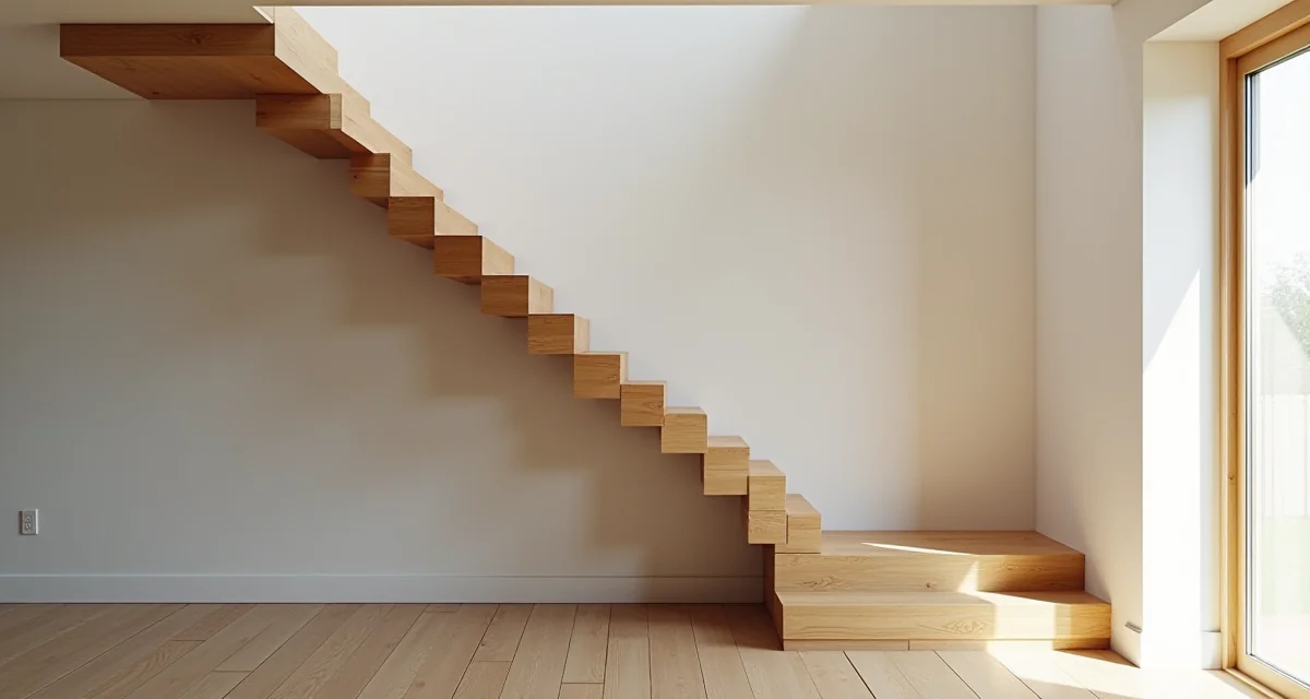Scala in legno sospesa con gradini aperti illuminata dalla luce naturale in un soggiorno moderno