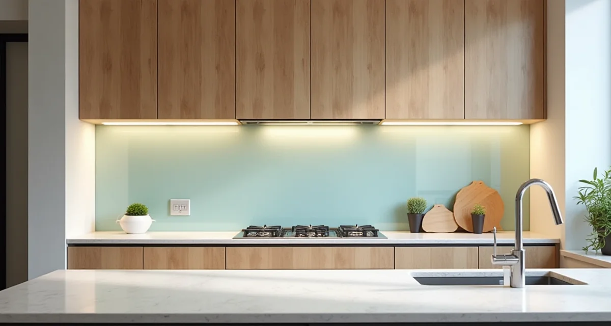 Cucina moderna con piano in quarzo, schienale in vetro e armadietti in legno illuminata da luce naturale