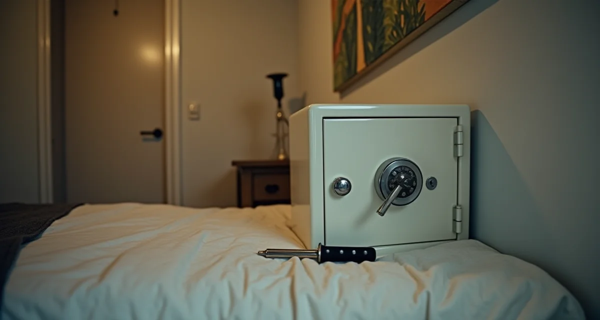 Cassaforte a muro nascosta dietro un quadro nella camera da letto con porta socchiusa e strumenti