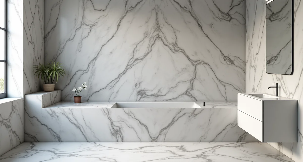 Pareti bagno rivestite in marmo Bardiglio grigio con venature bianche illuminate da luce soffusa