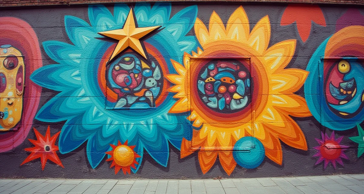 Murales colorato dipinto su muro di edificio urbano in pieno giorno con dettagli vivaci e luce naturale