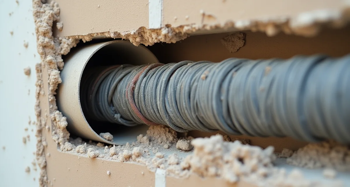 Cavi elettrici dentro condotti corrugati all'interno di una parete in cartongesso in fase di costruzione