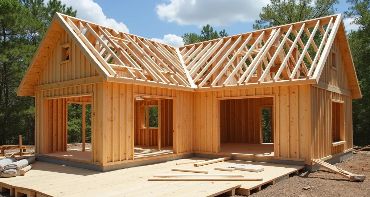 Casa in legno con struttura portante in legno e tetto in fase di costruzione sotto il sole