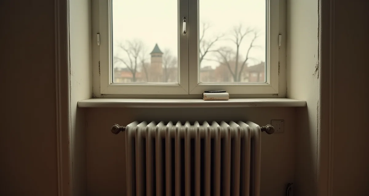 Radiatore in ghisa bianco a colonne sotto una finestra in un appartamento d'epoca con illuminazione calda