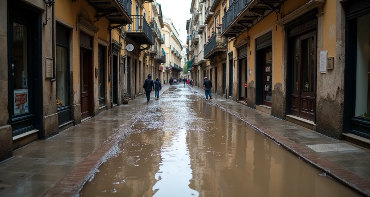 Via di un negozio allagata a Genova con fango e acqua sulle porte sotto un cielo nuvoloso