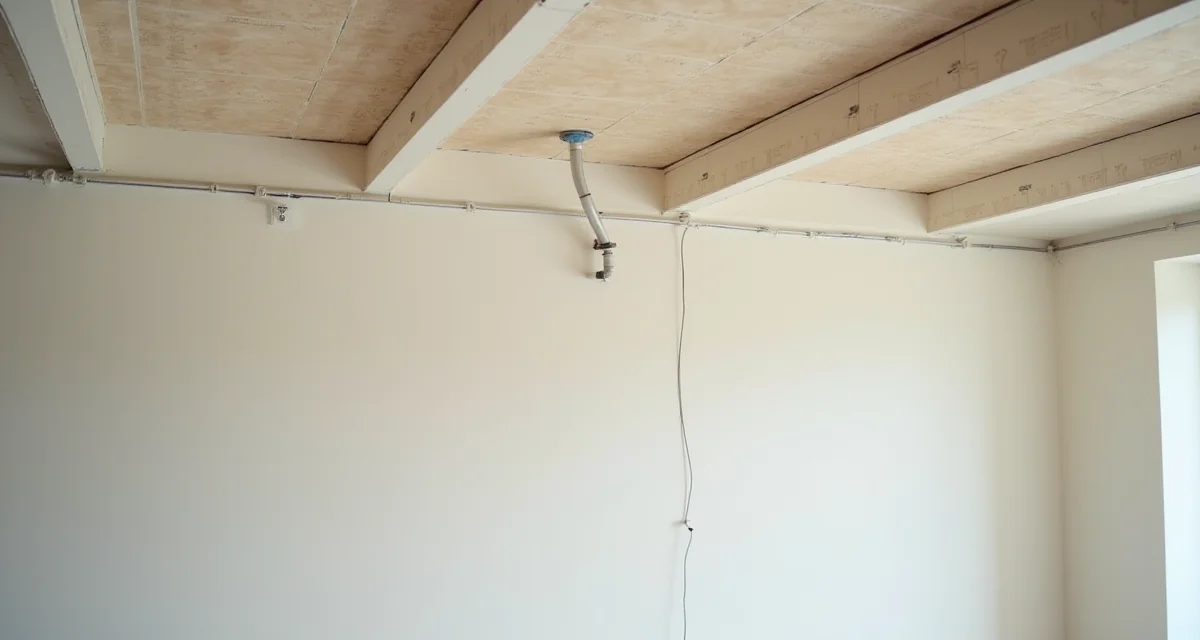 Installazione pannelli radianti in cartongesso sul soffitto con tubi a vista e attrezzi posati