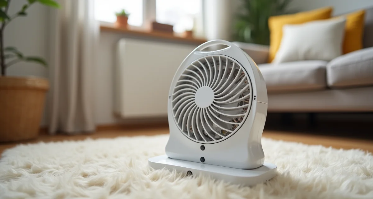 Ventilconvettore elettrico bianco compatto posizionato sul pavimento di un soggiorno moderno
