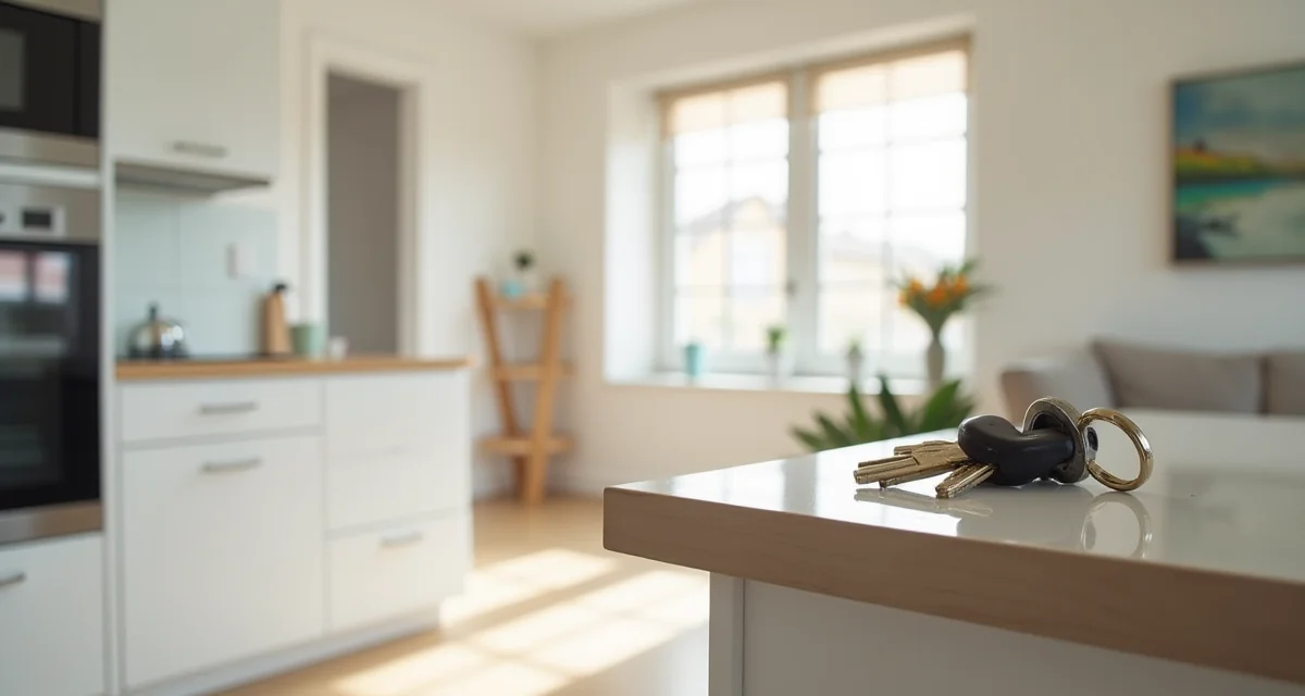 Appartamento ristrutturato con cucina nuova e pavimenti moderni, chiavi posate sul piano di lavoro in un ambiente luminoso