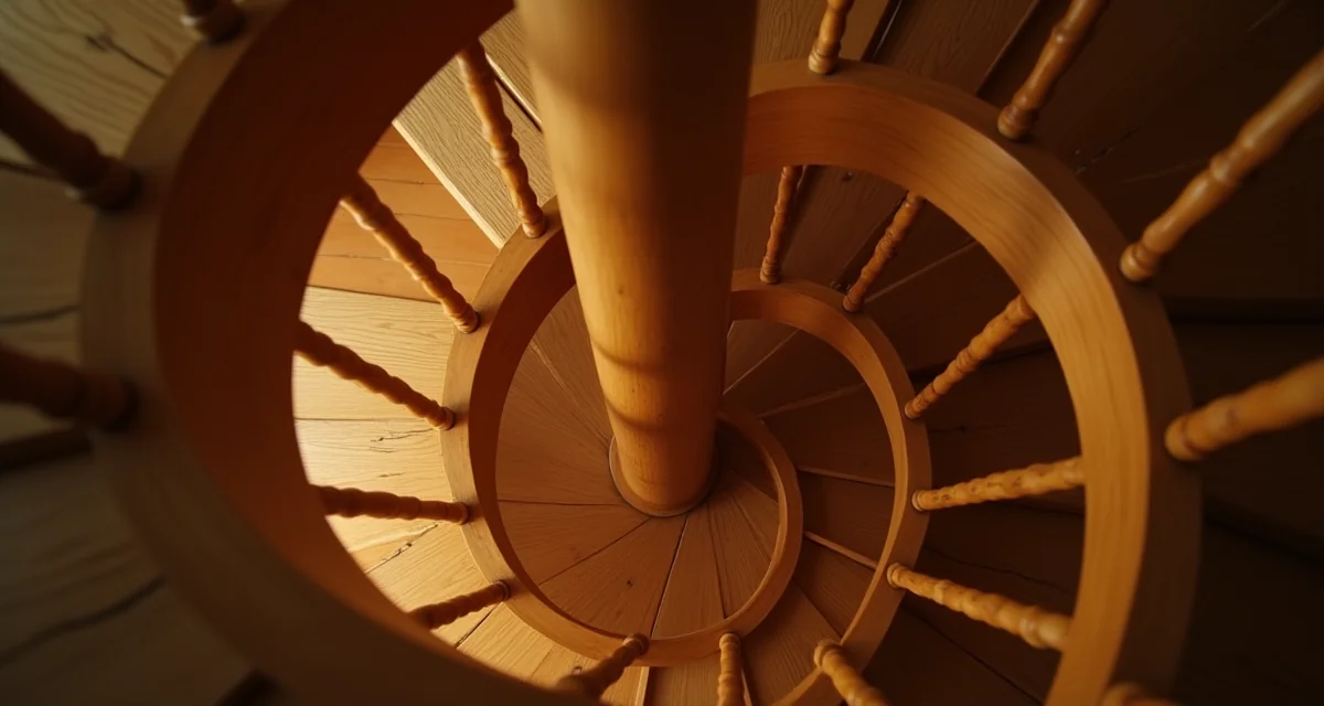 Scala a chiocciola in legno con colonna centrale illuminata da luce calda in un piccolo appartamento