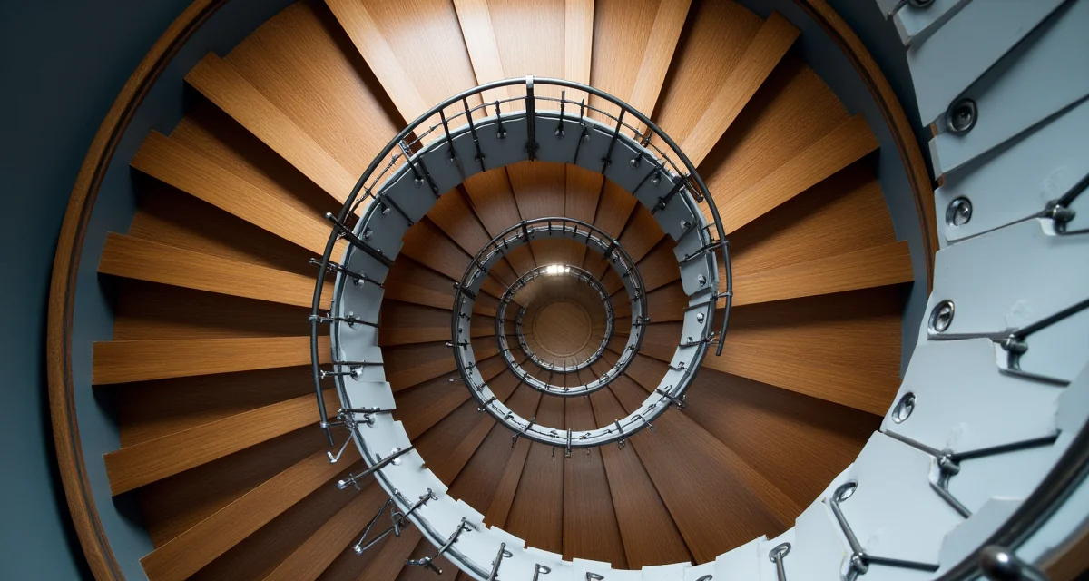 Scala elicoidale in acciaio e legno con struttura metallica e gradini lignei in ambiente moderno
