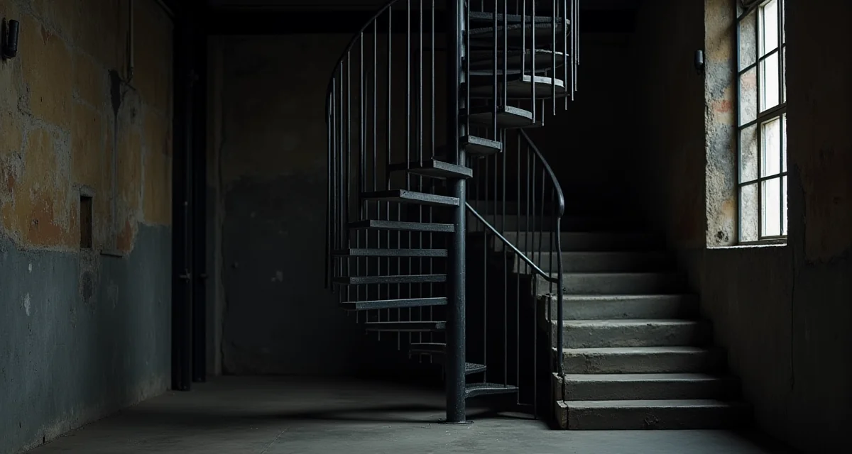 Scala a chiocciola in acciaio nero in un loft industriale con composizione verticale