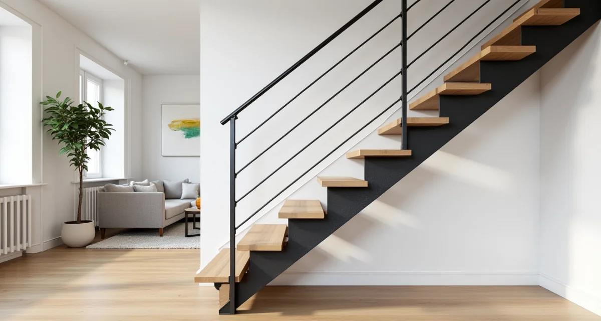 Scala con travi laterali in acciaio nero e gradini in rovere in un soggiorno luminoso