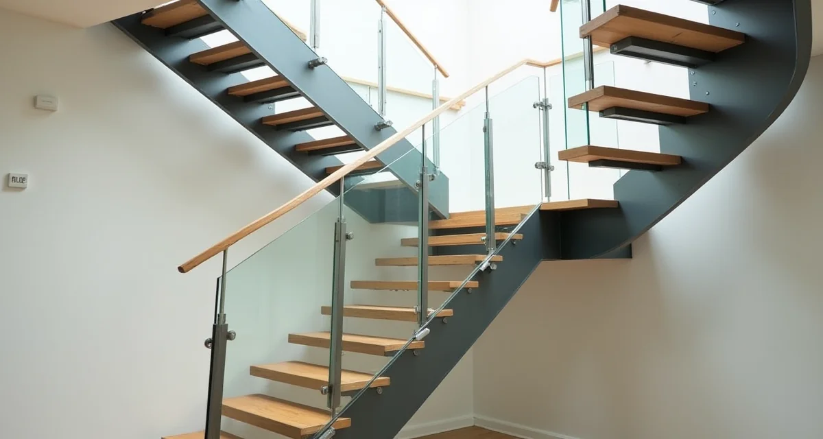 Scala moderna in acciaio e legno con ringhiera in vetro illuminata dalla luce naturale diurna