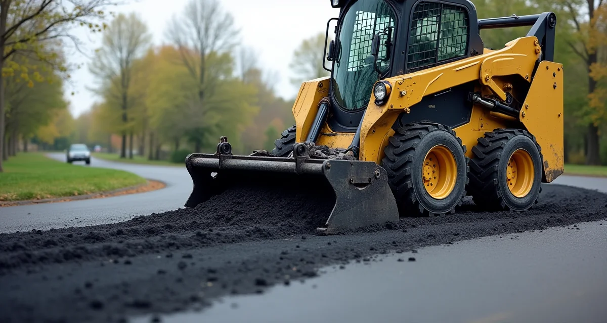 Skid steer con fresatrice che scarifica l'asfalto per la riparazione di una piccola strada