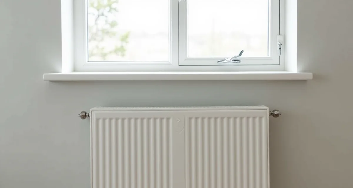 Radiatore a pannelli bianco sotto la finestra in un ambiente residenziale moderno