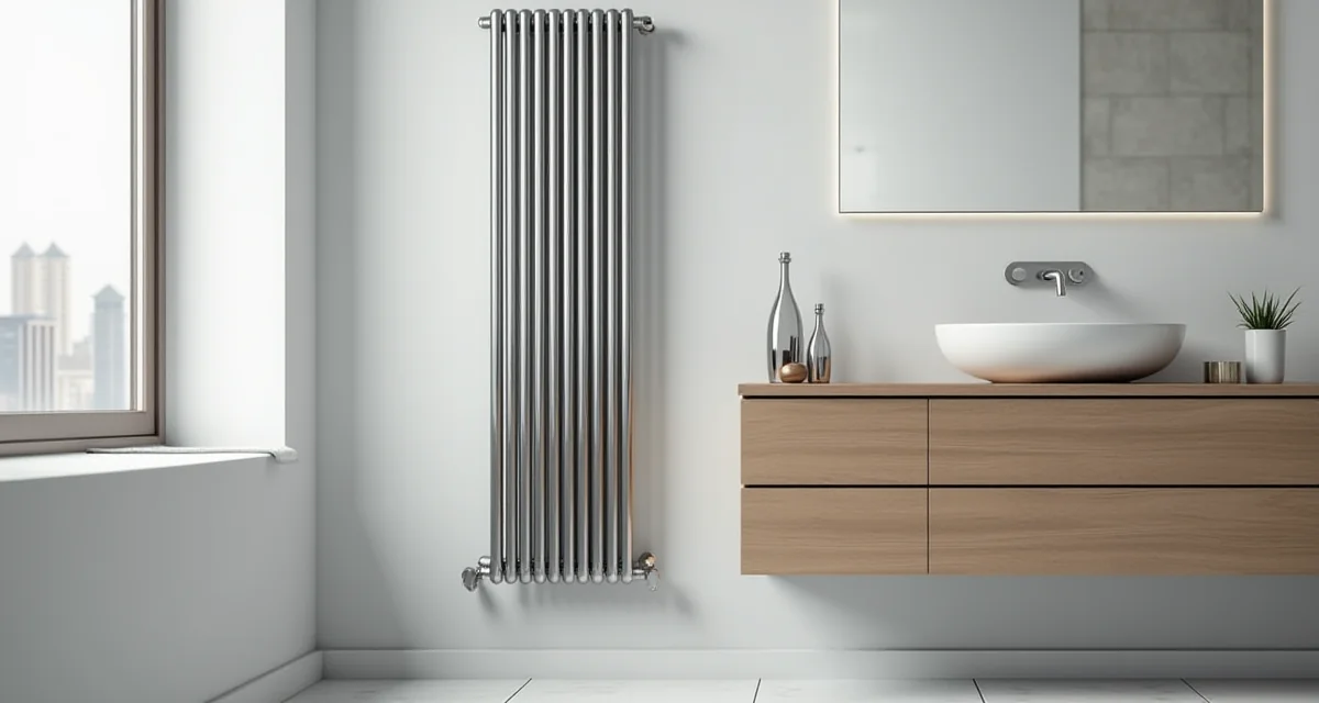 Radiatore tubolare in acciaio installato in un bagno moderno con finiture minimaliste e illuminazione naturale