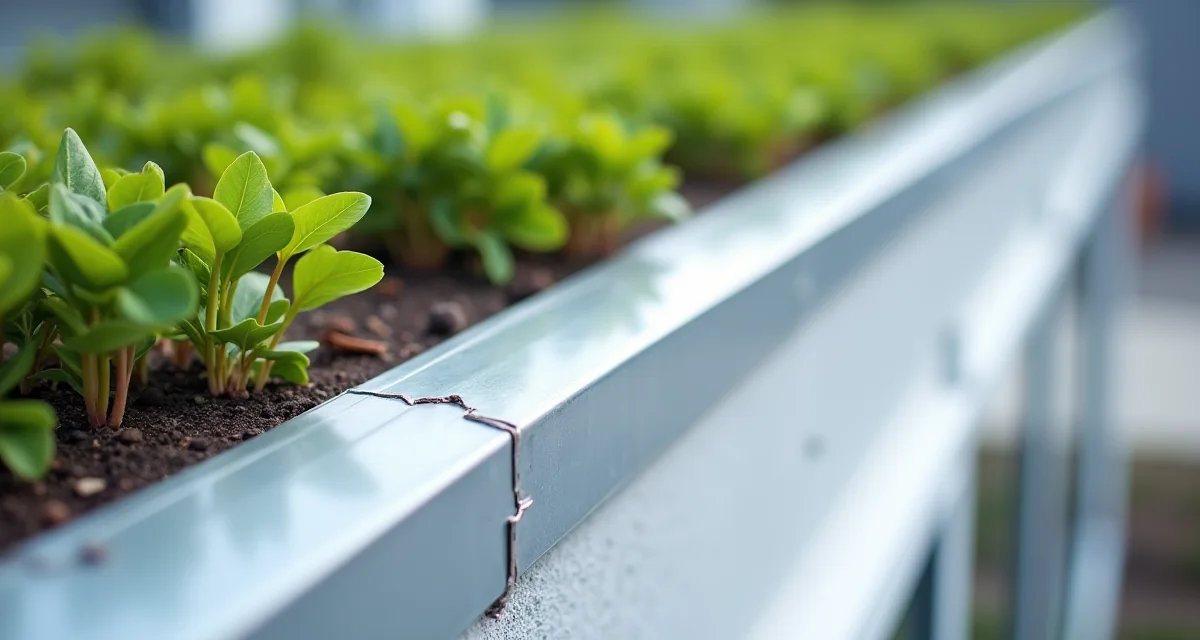 Profilati metallici di scossalina lungo il bordo di un tetto piano con giardino pensile illuminato dalla luce naturale