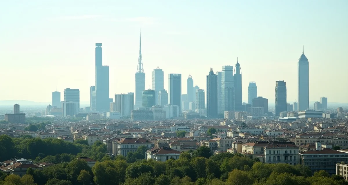 Skyline moderno di Milano con grattacieli e vegetazione che illustra il concetto di smart city in edilizia