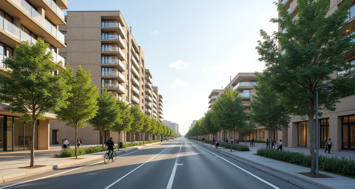 Vista di un quartiere milanese intelligente con nuovi edifici, piste ciclabili e alberi in pieno giorno