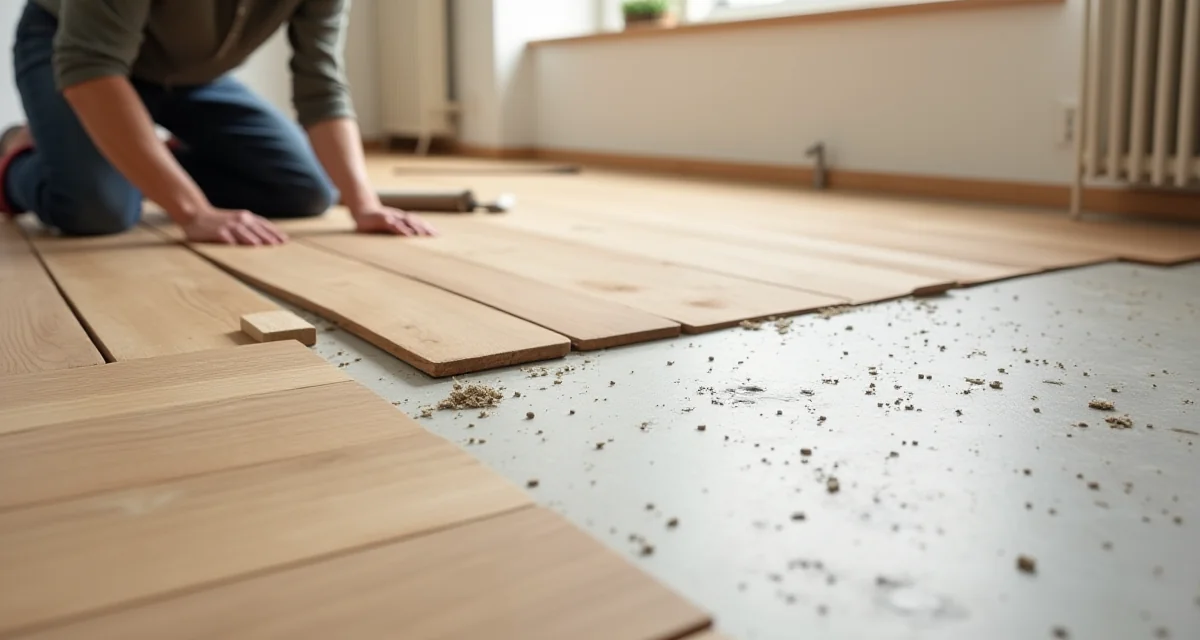 Stipite di parquet in rovere posato su collante con attrezzi appoggiati