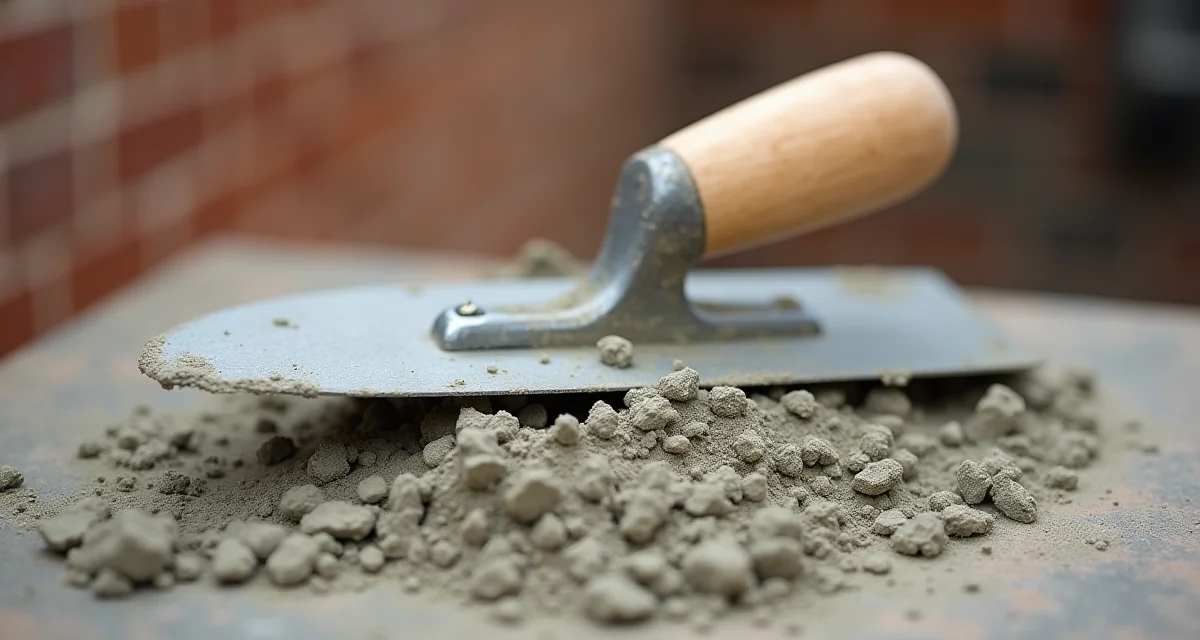 Spatola per muratore con manico in legno appoggiata su un cumulo di malta