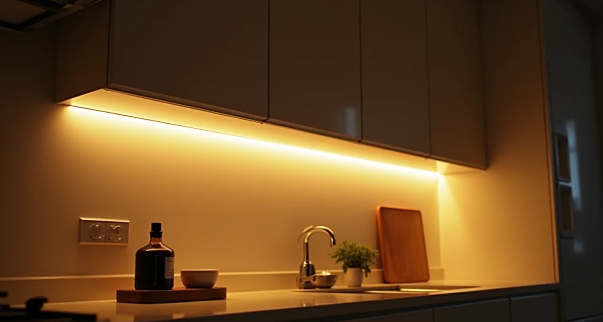 Striscia led calda illuminata sotto i pensili della cucina in legno scuro per un'illuminazione ambientale accogliente