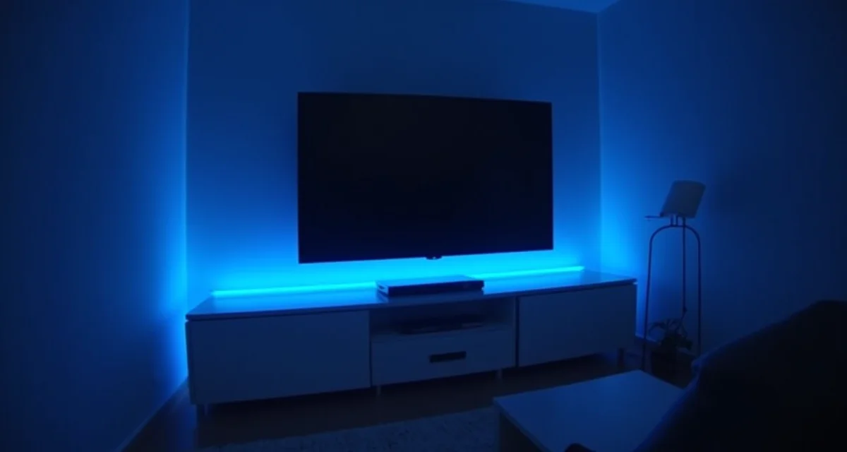 Striscia led rgb illuminata di blu posizionata dietro la parete tv in un soggiorno moderno