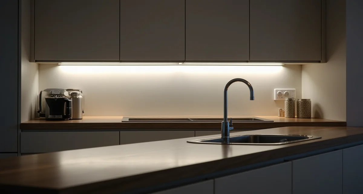 Strisce led sotto pensili cucina moderna che illuminano il piano di lavoro in modo uniforme ed efficiente