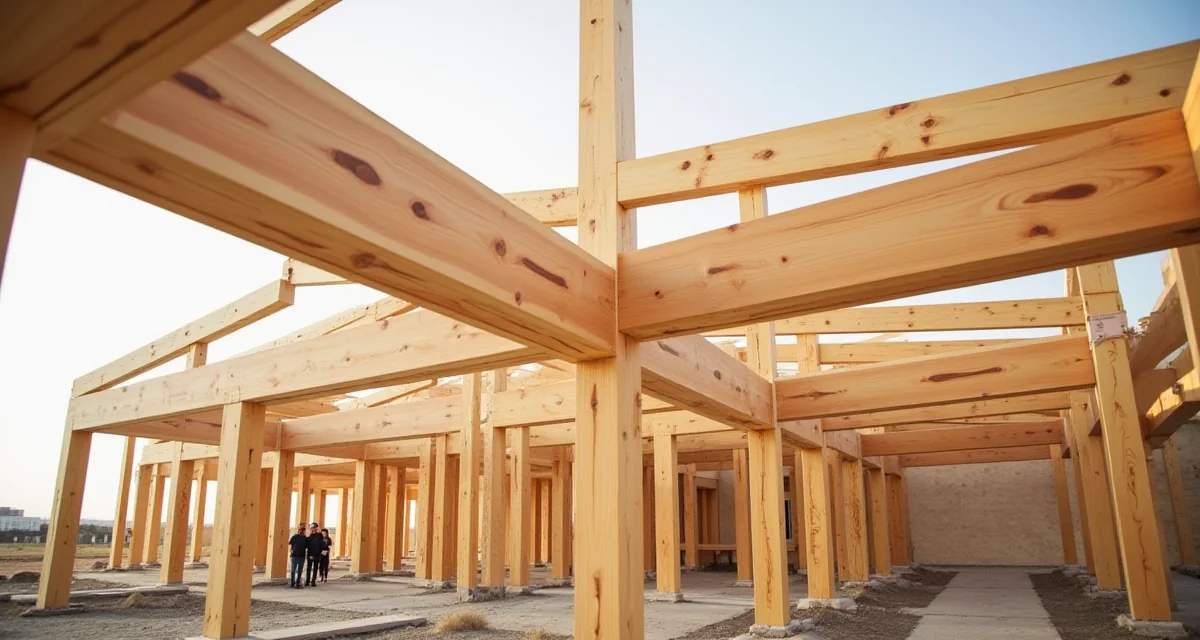 Trave in legno lamellare di una struttura moderna in costruzione sotto la luce del giorno