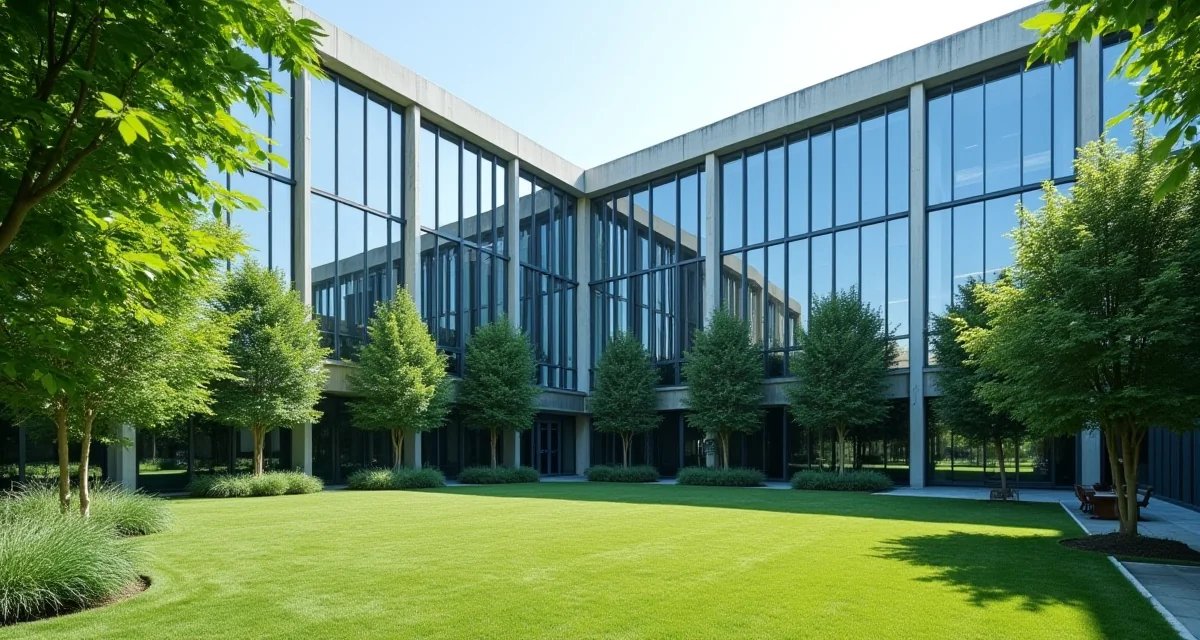 Sede moderna in vetro con cortile verde a Milano sotto la luce del giorno