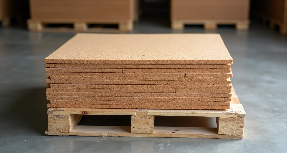 Pannelli isolanti in sughero naturale impilati su pallet di legno con superficie granulosa marrone