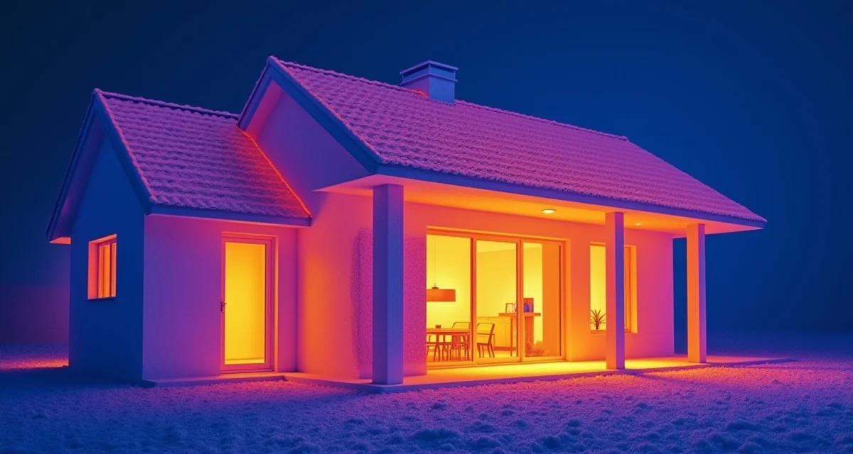 Termografia di una parete edilizia che evidenzia le zone fredde e calde con colori blu e arancione