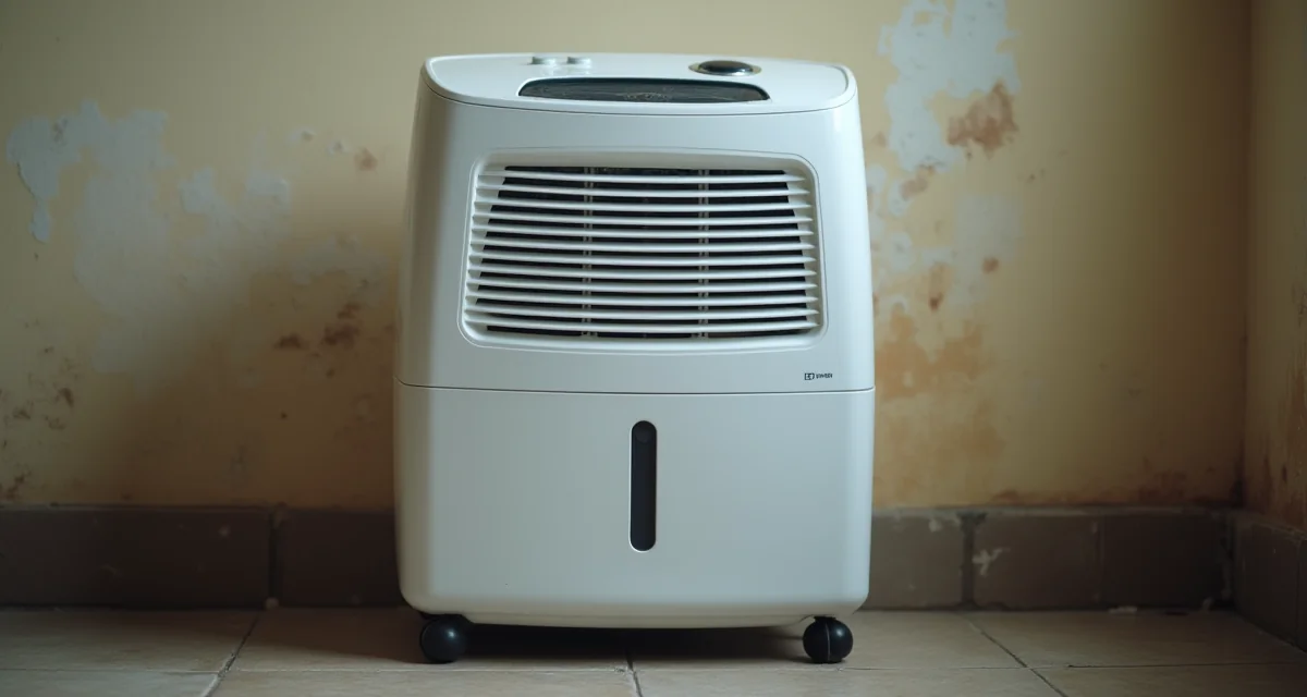 Deumidificatore portatile bianco in una stanza umida con pareti macchiate per contrastare l'umidità di risalita