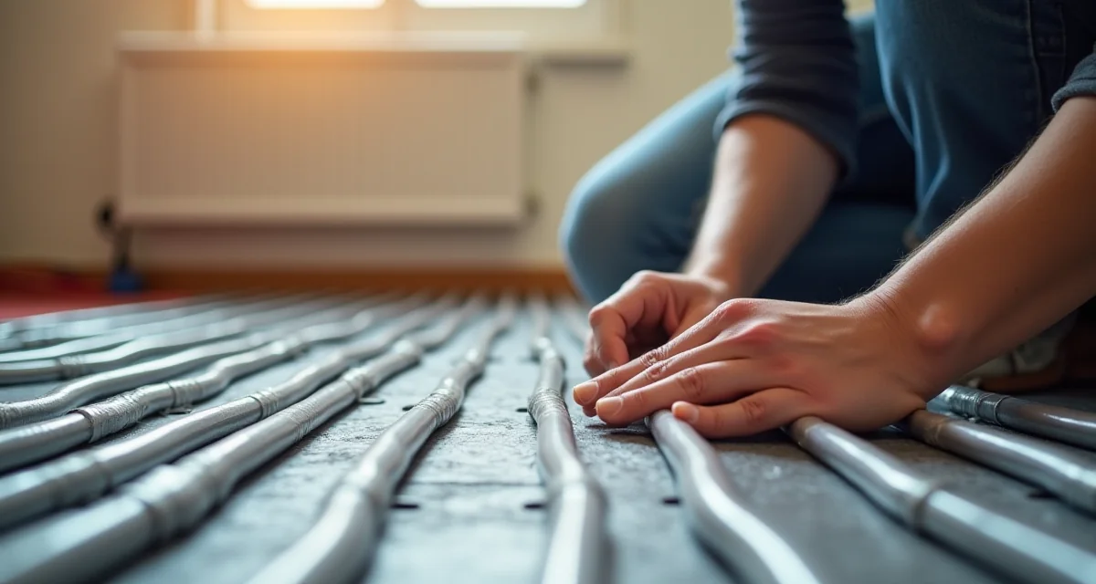 Tubazioni del riscaldamento a pavimento collegate alla pompa di calore geotermica nell'ambiente