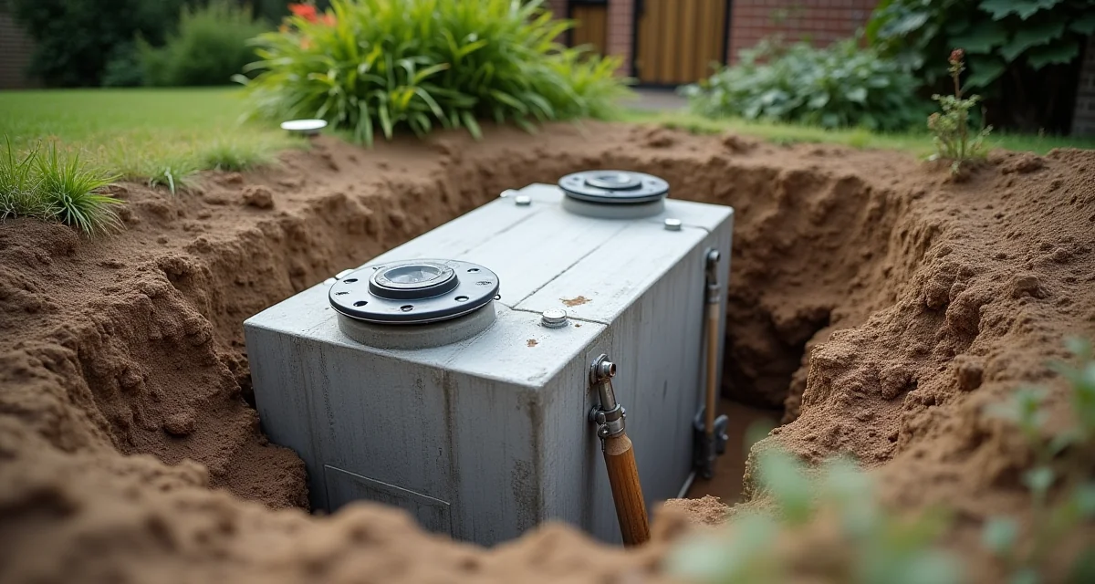 Vasca Imhoff in calcestruzzo con coperchi aperti installata in una trincea giardino per il trattamento delle acque reflue