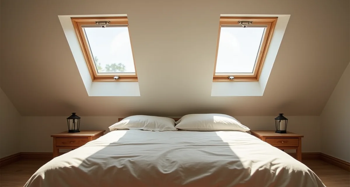 Due finestre Velux in una camera da letto mansardata con luce solare che illumina il letto
