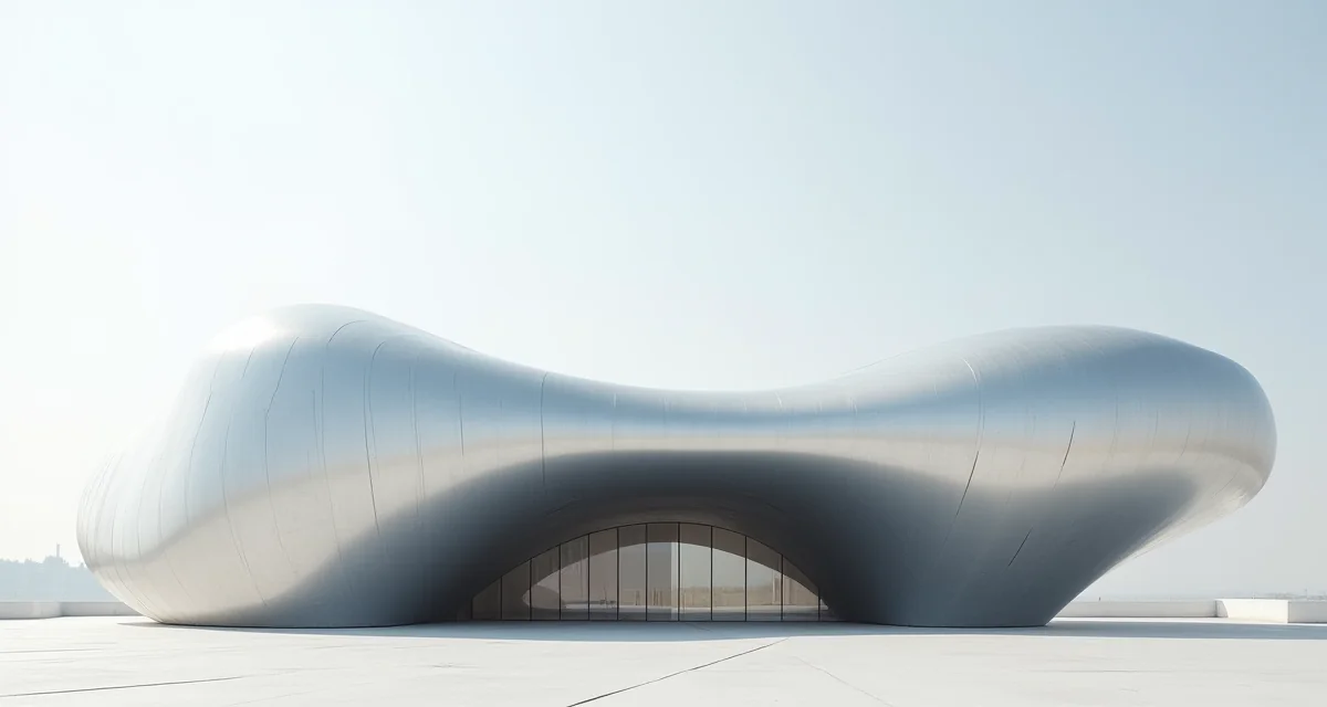 Edificio curvo rivestito in alluminio progettato da Zaha Hadid ripreso di giorno in formato panoramico