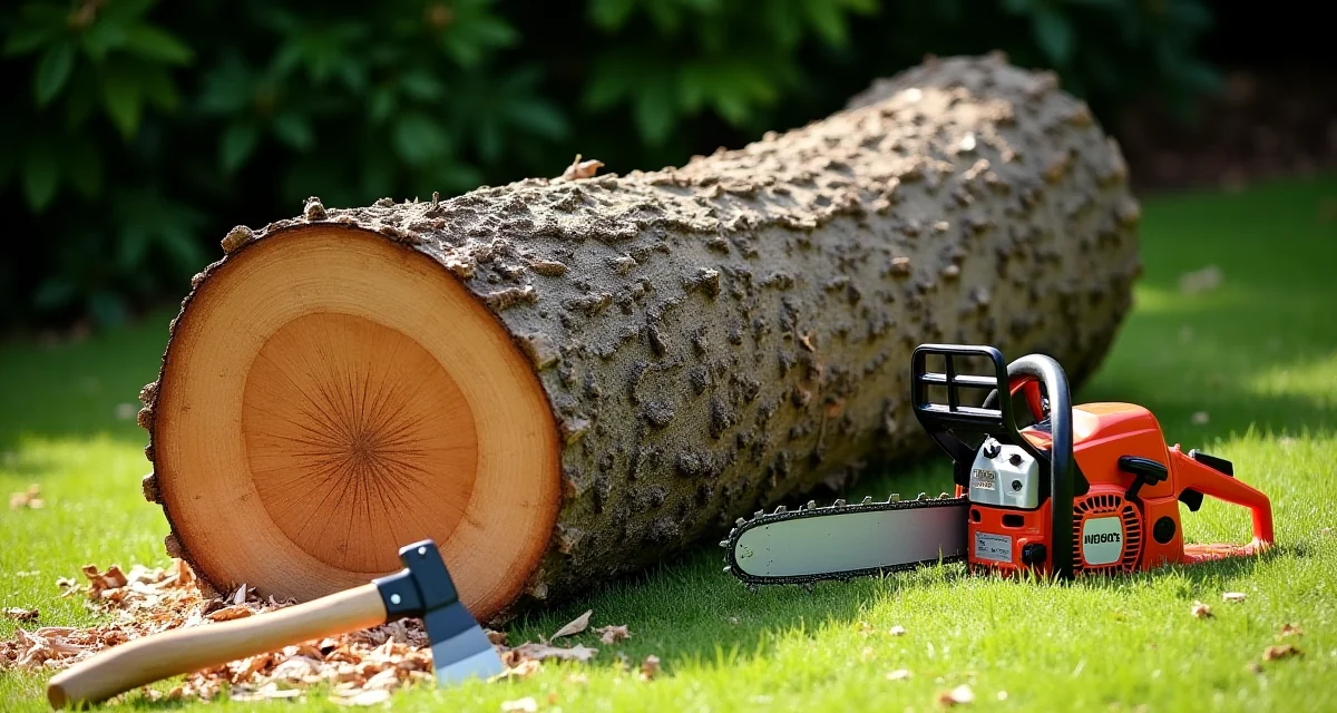Tronco d'albero abbattuto su prato con motosega e ascia per la normativa di taglio alberi
