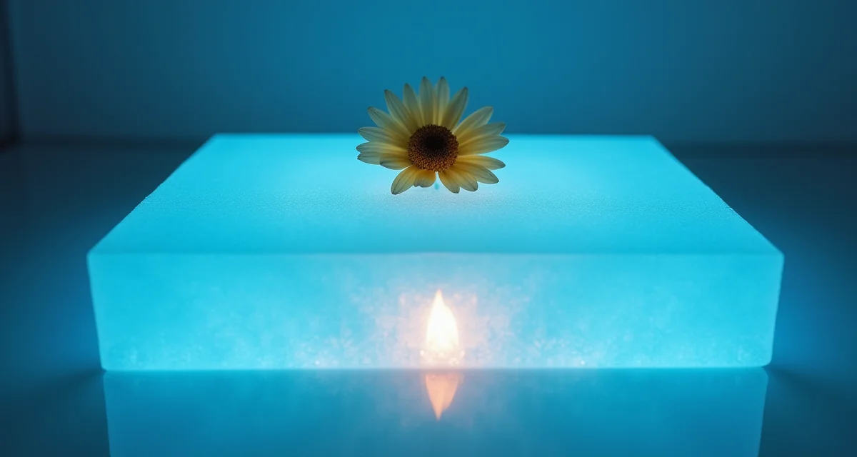 Blocco di aerogel bluastro traslucido su tavolo da laboratorio con fiamma sotto e fiore sopra per dimostrare l'isolamento termico
