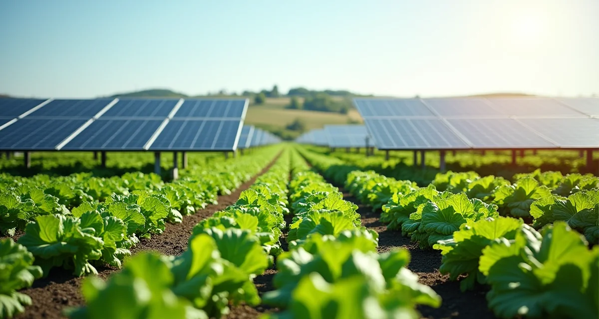 Pannelli solari elevati sopra colture di verdure in un campo agrivoltaico sotto il sole