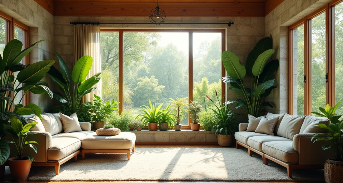 Soggiario luminoso con piante, legno naturale e pietra che illustra i principi del design biofilico