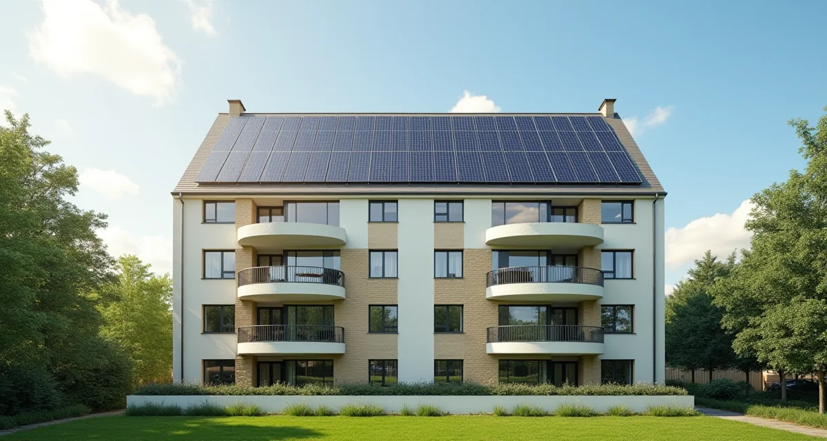 Edificio residenziale moderno con facciata isolata e pannelli solari in un contesto verde sotto il sole