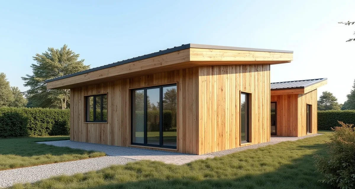 Casa prefabbricata in legno con rivestimento e grandi finestre su terreno paesaggistico in una giornata di sole